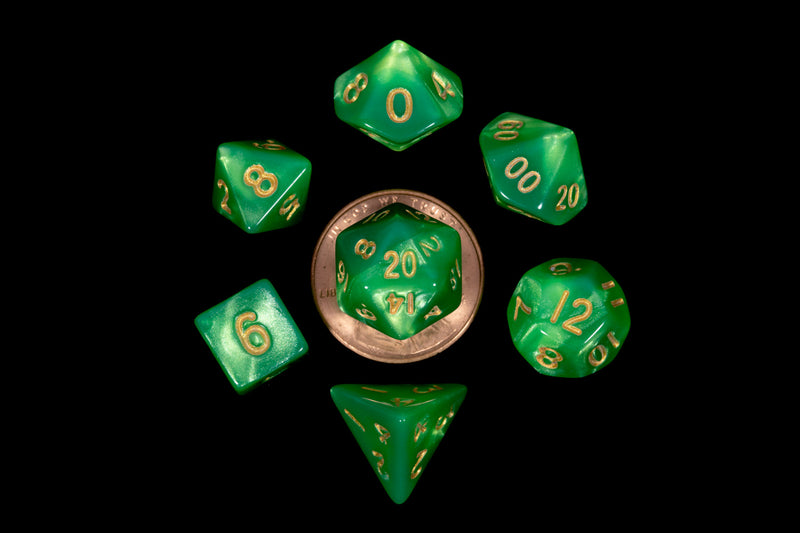 MDG Mini Polyhedral Dice Set - Green/Light Green w/ Gold Numbers