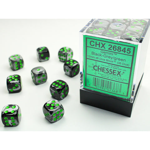 Chessex Gemini Black-Grey/green 12mm d6 Dice (CHX 26845)