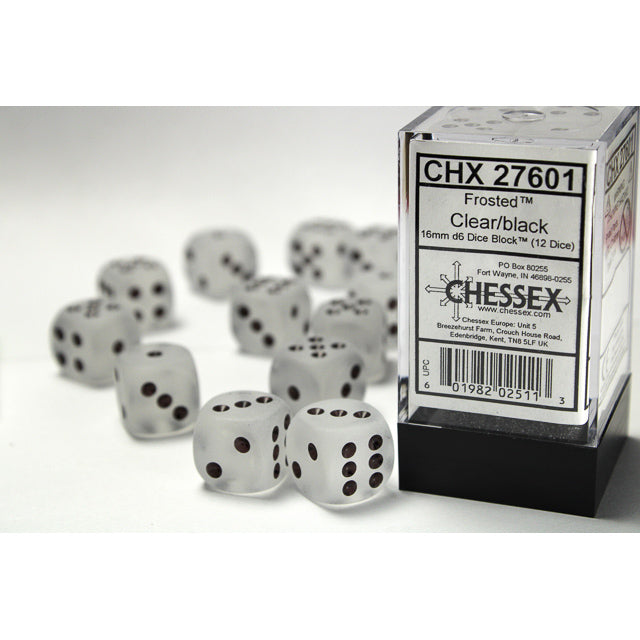 Chessex – Frosted 16mm d6 Clear/black Dice Block (12 dice) (CHX 27601)