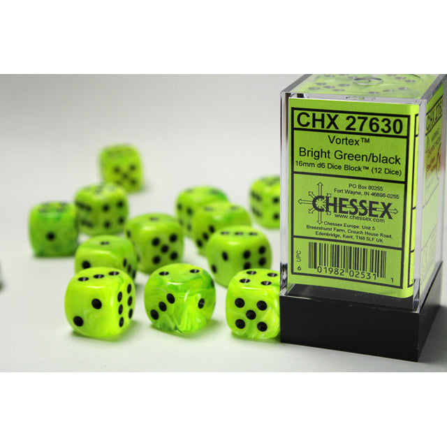 Chessex – Vortex 16mm d6 Bright Green/black Dice Block (12 dice) (CHX 27630)