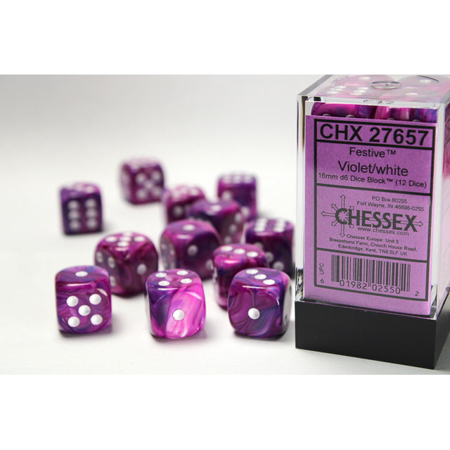 Chessex – Borealis 16mm d6 Violet/white Luminary Dice Block (12 dice) (CHX 27657)