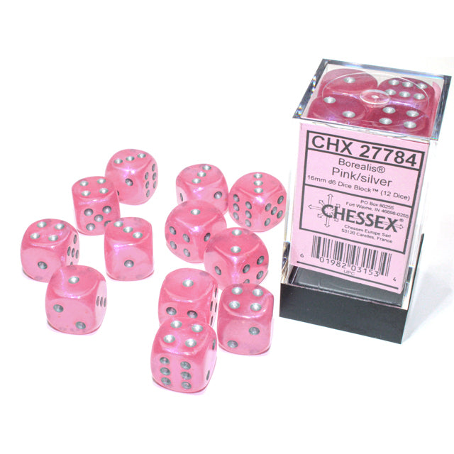 Chessex – Borealis 16mm d6 Pink/silver Luminary Dice Block (12 dice) (CHX 27784)