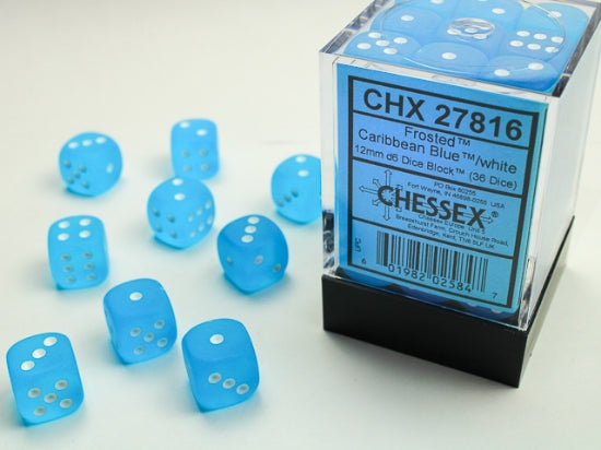 Chessex – Frosted 12mm d6 Caribbean Blue/White Dice Block (36 dice) (CHX 27816)