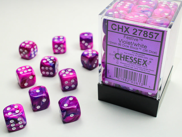 Chessex Festive Violet/White12mm d6 Dice (CHX 27857)