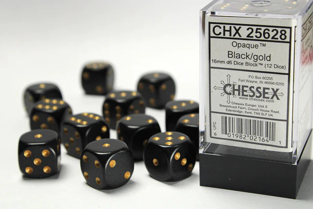 Chessex Opaque Black/gold 12mm d6 Dice (CHX25828)