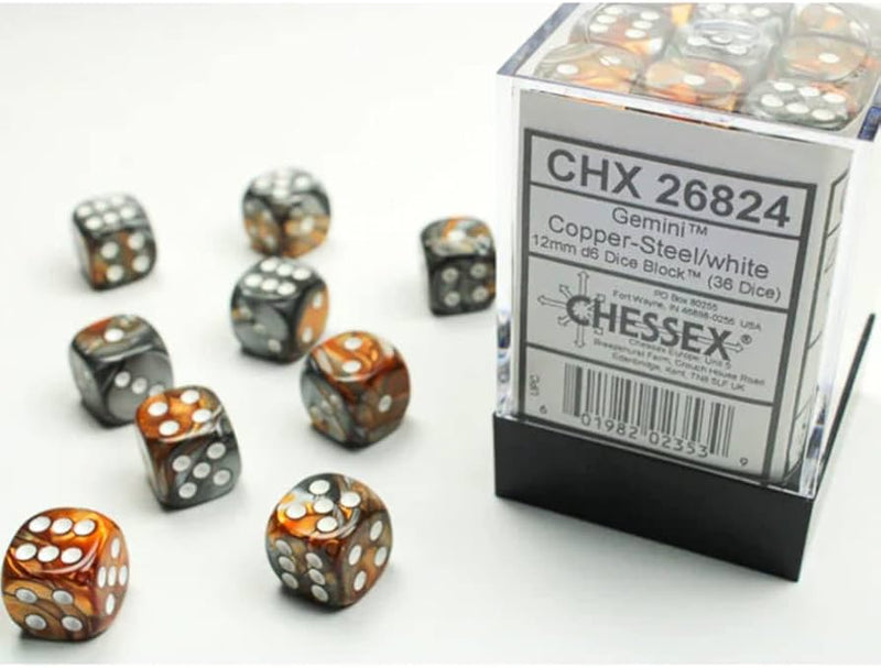 Chessex Gemini Copper-Steel/white 12mm d6 Dice (CHX 26824)