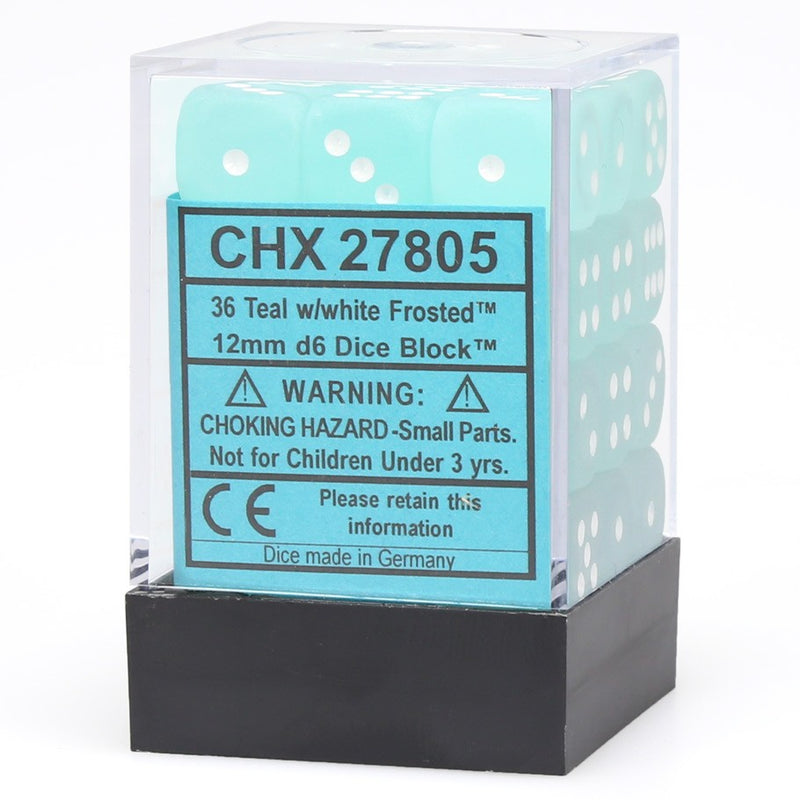 Chessex – Frosted 12mm d6 Teal/white Dice Block (36 dice) (CHX 27805)