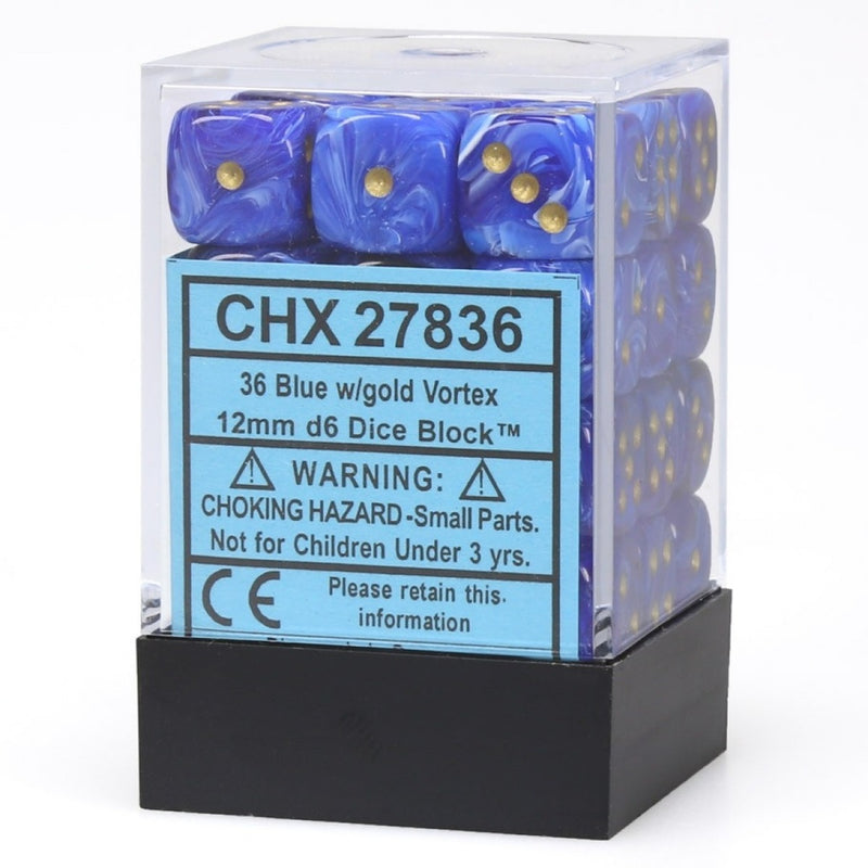 Chessex – Vortex 12mm d6 Blue/gold Dice Block (36 dice) (CHX 27836)