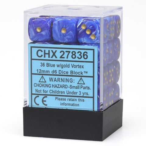 Chessex – Vortex 12mm d6 Blue/gold Dice Block (36 dice) (CHX 27836)