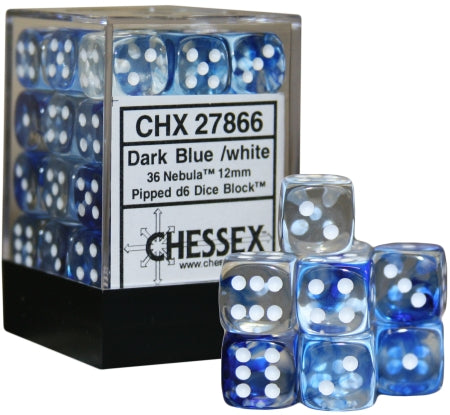 Chessex – Nebula 12mm d6 Dark Blue/white Dice Block (36 dice) (CHX 27866)