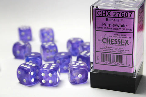 Chessex Borealis Purple/white 16mm d6 Dice (CHX 27607)