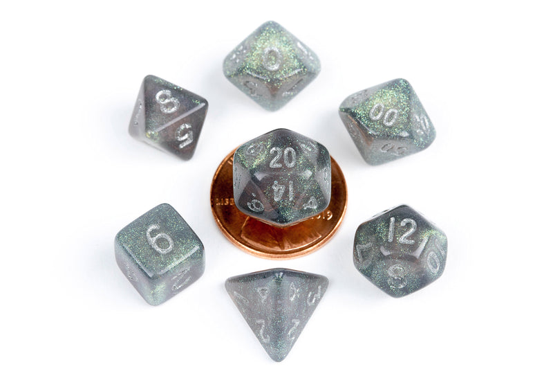 MDG Mini Polyhedral Dice Set - Stardust Grey w/ Silver Numbers