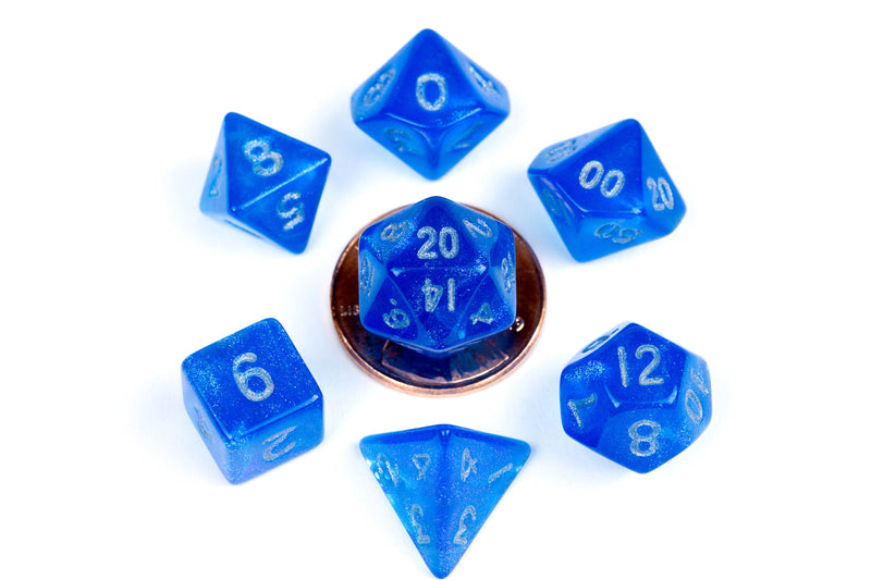 MDG Mini Polyhedral Dice Set - Stardust Blue w/ Silver Numbers