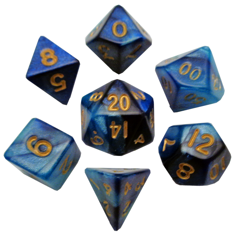 MDG Mini Polyhedral Dice Set - Blue/Light Blue w/ Gold Numbers