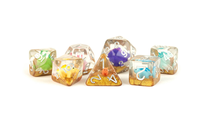 MDG Resin Poly Dice Set - Rainbow Dinosaur Dice