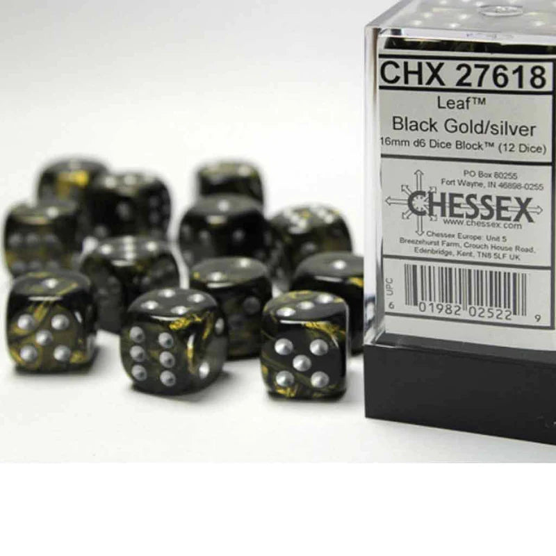 Chessex Leaf Black Gold/silver 16mm d6 Dice (CHX 27618)