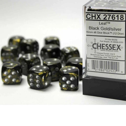 Chessex Leaf Black Gold/silver 16mm d6 Dice (CHX 27618)