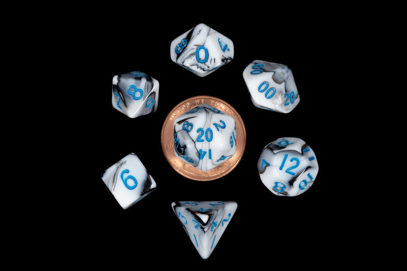 MDG Mini Polyhedral Dice Set - Marble w/ Blue Numbers