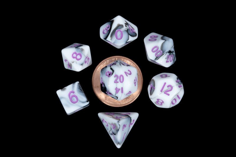 MDG Mini Polyhedral Dice Set - Marble w/ Purple Numbers