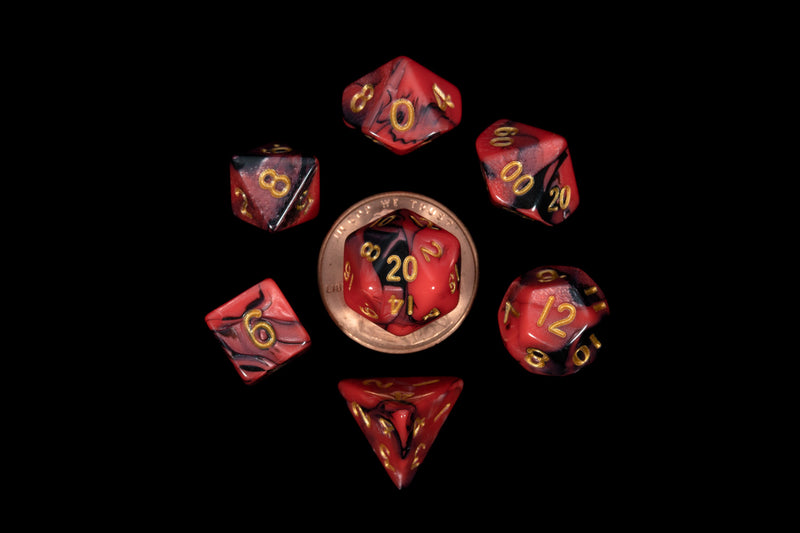 MDG Mini Polyhedral Dice Set - Red/Black w/ Gold Numbers
