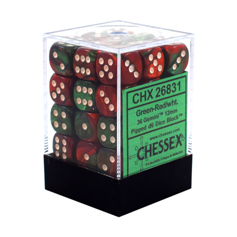 Chessex Gemini Green-Red/white 12mm d6 Dice (CHX 26831)