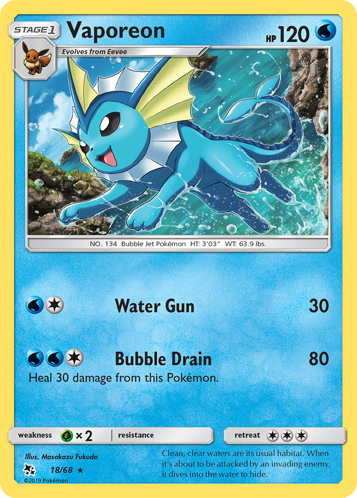 what pokemon set has 68 cards Vaporeon (18/68) [Sun & Moon: Hidden Fates]